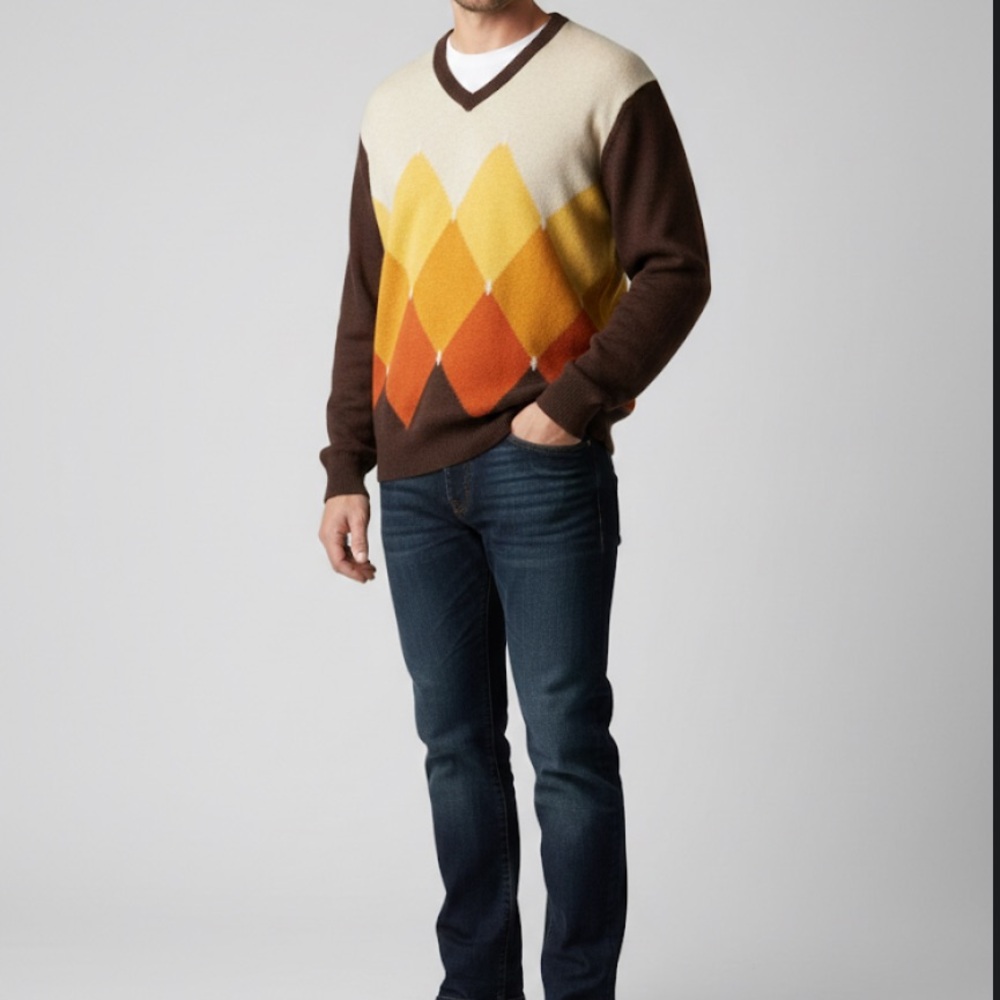 Coins Moore Colorful Merino Wool V-Neck Vintage Sweater size‎ XL - Picture 14 of 14